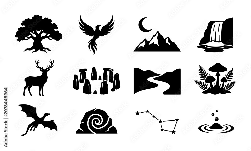 Fototapeta premium Mystical Nature Icons Set: Fantasy Creatures, Ancient Symbols, Celestial Elements, and Natural Landscapes for Magical Design Projects