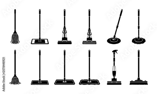 Photos Vector Collection of Cleaning Mops and Tools, Household Hygiene Equipment, Floor