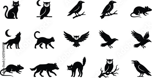 Canvastavla Halloween silhouettes black cat owl raven wolf and mouse vector collection