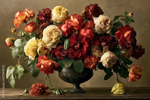 Vintage rose bouquet resting in a metal chalice on a rustic table with chiaroscuro lighting for luxury floral design and interior decor branding