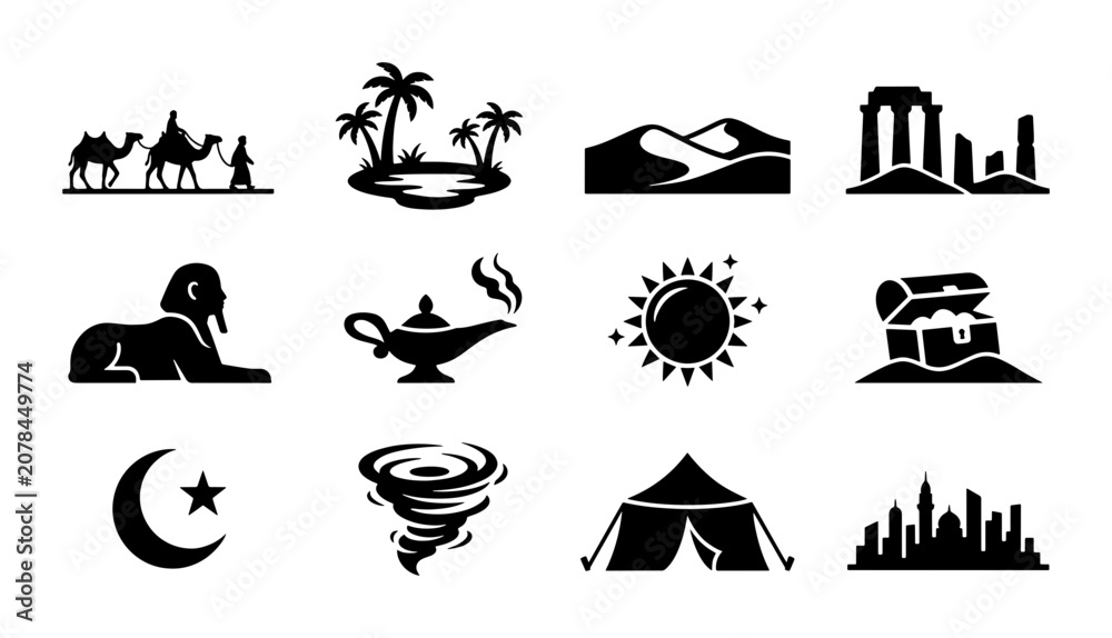 Obraz premium Ancient Egypt Icons, Desert Symbols, and Middle Eastern Motifs: 12 Vector Graphics for Travel and Culture