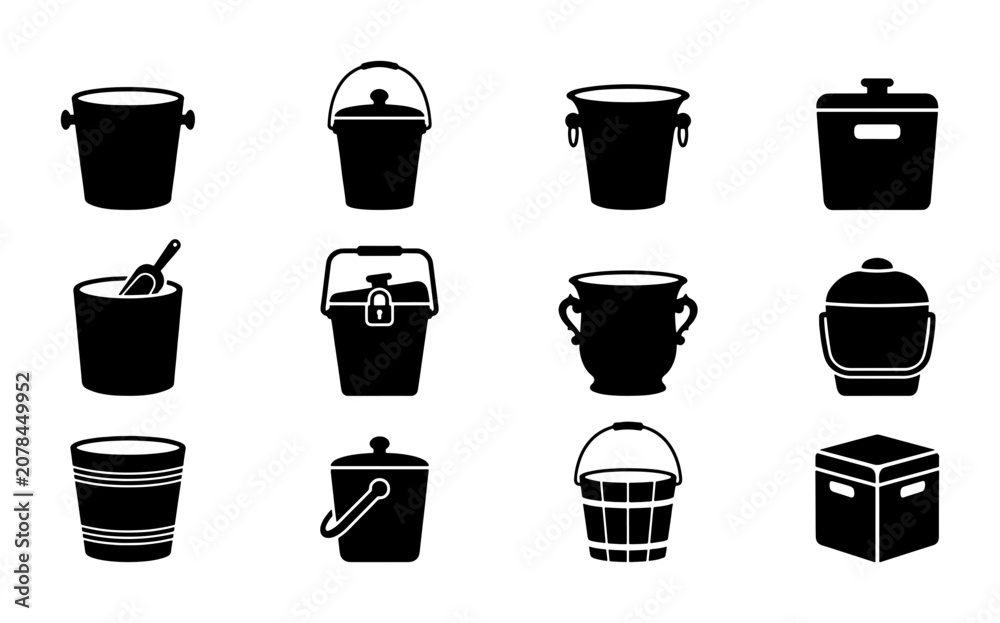 Fototapeta premium Vector Ice Buckets Collection, Assorted Drink Coolers and Beverage Containers, Barware and Party Essentials Icons