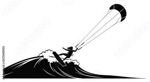 Bild auf Leinwand Kitesurfer Riding Wave With Kite Black Vector Silhouette kiteboarding windsurfin