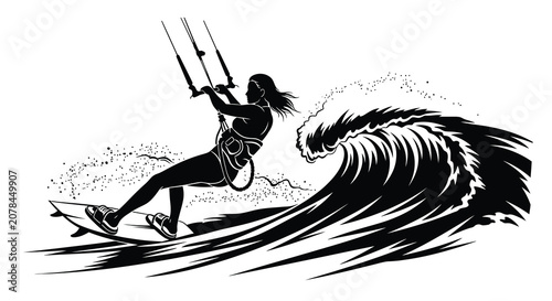 Obraz na płótnie Kitesurfer Riding A Wave Black Vector Silhouette kitesurfing rider athlete