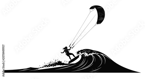 Fotografie Kitesurfer Riding A Wave Black Silhouette Vector Illustration kitesurfing rider