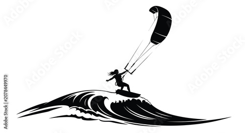 Foto Kitesurfer riding wave with kite black vector silhouette kiteboarding windsurfin