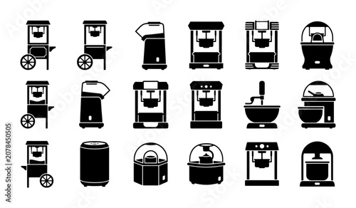 Obraz na płótnie Popcorn Machine Icons Set, Retro and Modern Snack Equipment Vector Graphics, Cin