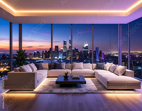 A modern living room with a city skyline view at dusk (57)