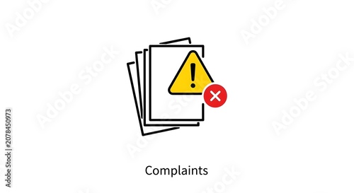 Complaints icon with warning sign on documents on a white background