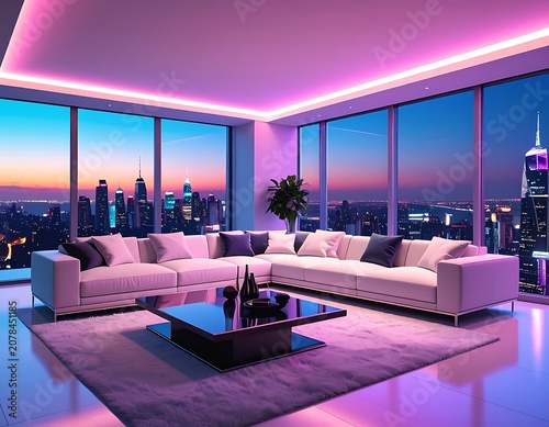A modern living room with a city view at sunset (65)
