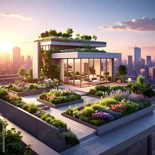 A modern rooftop garden with a sleek building and cityscape (1)