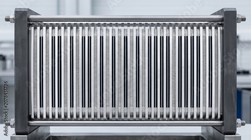 Layered PEM electrolyzer stack cross-section showing repetitive MEA laminate structure
