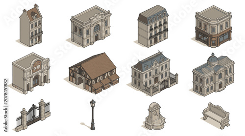 Obraz na plátně Collection of isometric architectural buildings and elements in a vintage style