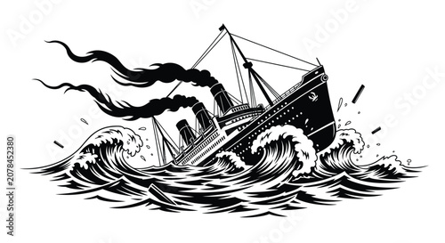 Foto Ocean liner with waves and smoke black and white silhouette