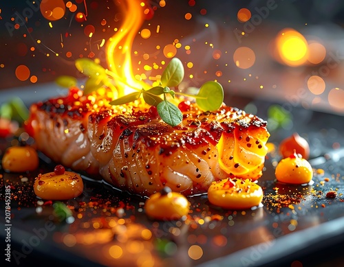 A piece of grilled fish on fire