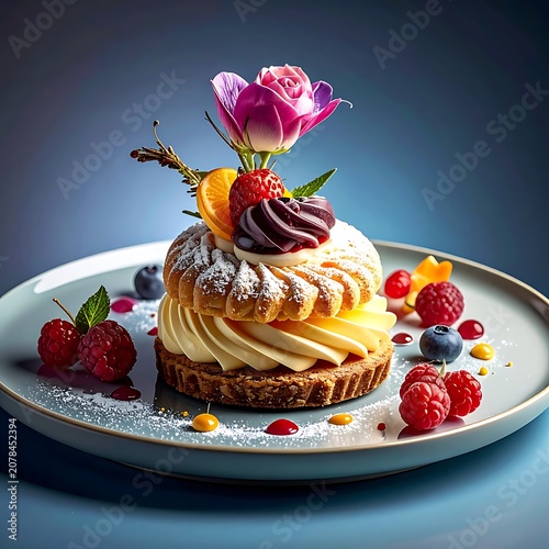 A pastry topped with cream, fruit, and a flower on a plate