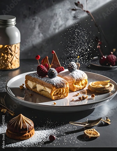 A plate of assorted pastries and desserts with powdered sugar