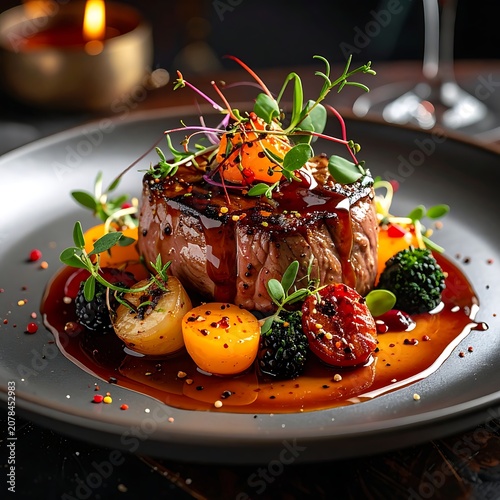 A savory dish with tender meat and vibrant microgreens