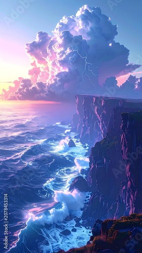 A serene coastal cliffside at sunset with vast ocean