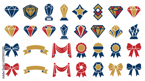 Luxury gems and award ribbon icon set