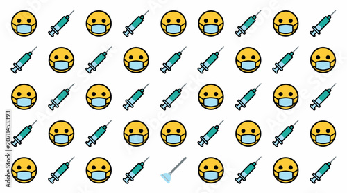 Medical icons featuring protective face masks and vaccine syringes.