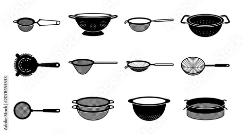 Schilderij op canvas Kitchen Strainers and Sieves Collection, 12 Vector Icons for Cooking and Baking