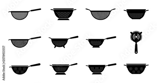 Foto Kitchen Strainer Collection, Various Colanders and Sieves, Cooking Utensil Icons