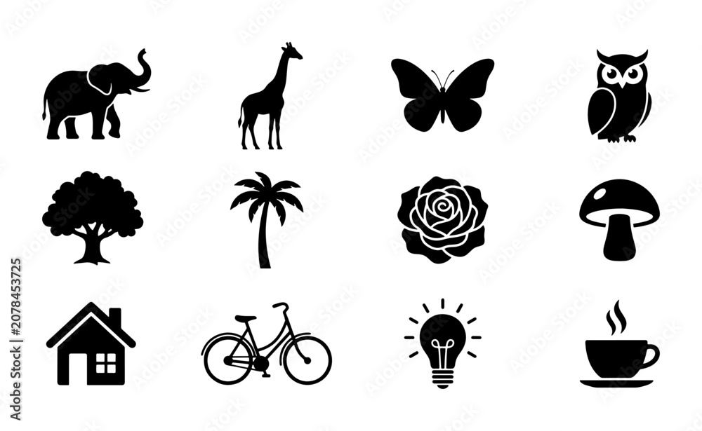 Fototapeta premium Set of 12 Black Silhouette Icons: Elephant, Giraffe, Butterfly, Owl, Tree, Palm Tree, Rose, Mushroom, House, Bicycle, Lightbulb, Coffee Cup. Simple Vector Graphics for Design.