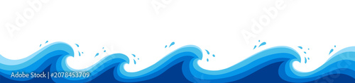 Konstfotografi Stylized horizontal banner featuring vibrant blue ocean waves with water splashes isolated on a crisp white background