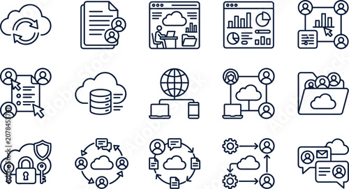Cloud computing and data network line icon set featuring server storage security collaboration analytics dashboard for tech software applications