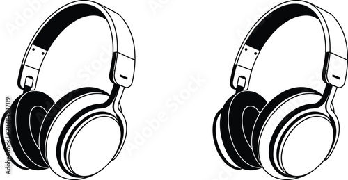 Schilderij op canvas Black and white headphones, vector headphones, music icons, audio equipment