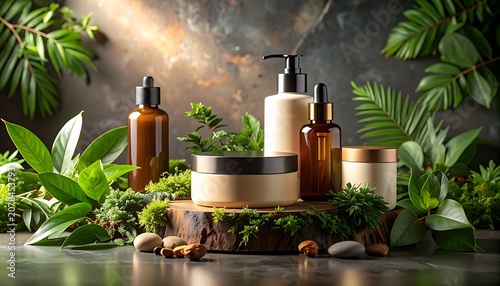 A serene display of natural skincare products amidst lush greenery and moss on a wooden base