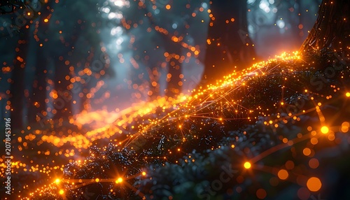 A serene forest scene with a glowing orange light trail