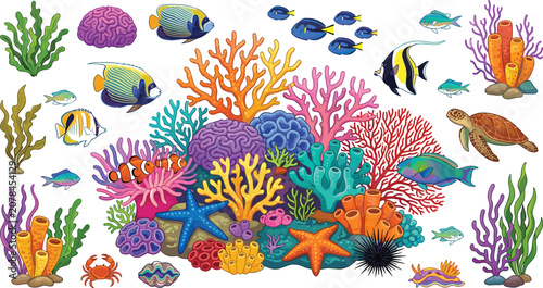 Quadro su tela Colorful tropical coral reef and marine life vector illustration collection with