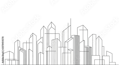 A stylized line drawing of a city skyline with modern skyscrapers.