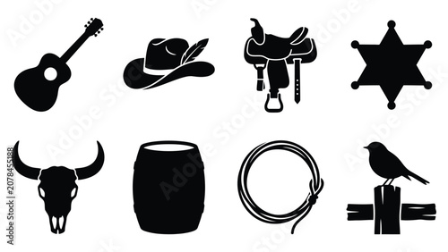 Foto Western cowboy silhouette vector clipart set with guitar, hat, saddle, sheriff b