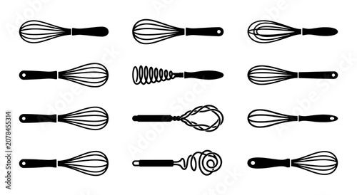 Obraz na płótnie Set of 12 Diverse Whisk Icons, Kitchen Utensil Vector Graphics, Baking and Cooki