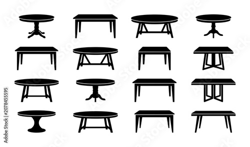 Vector Icons Set: Diverse Table Silhouettes, Modern & Classic Furniture Designs, Interior Decor Elements, Flat Design Collection