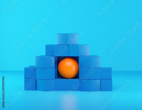Orange ball or sphere on stacked blue boxes pyramid on cyan background, business steps or challenge concept AI.
