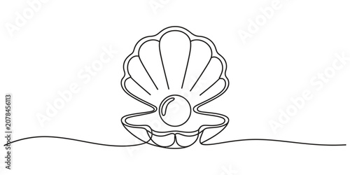 Seashell with pearl single continuous line drawing marine illustration, sea life