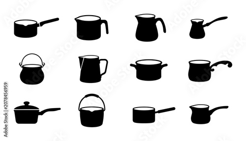 Tableau sur toile Set of 12 Black Silhouette Cooking Pots and Kettles, Kitchenware Vector Icons fo