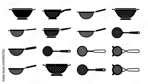 Foto Kitchen Strainer Collection, Diverse Sieves and Colanders, Cooking Utensils Vect