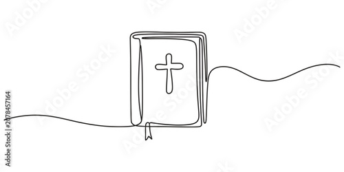 Εκτύπωση καμβά Continuous single line drawing of a religious holy book with a cross, religion