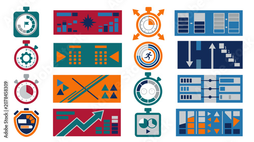 Modern data visualization elements featuring timers, charts, and progress bars.