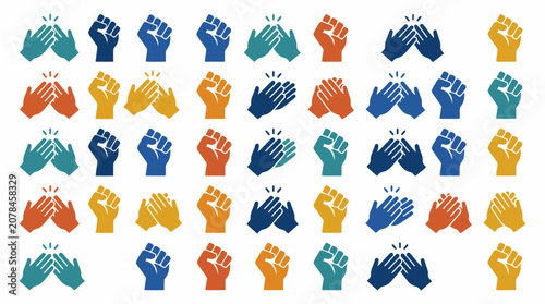 Multi-colored hand gesture icons showing raised fists and clapping hands.