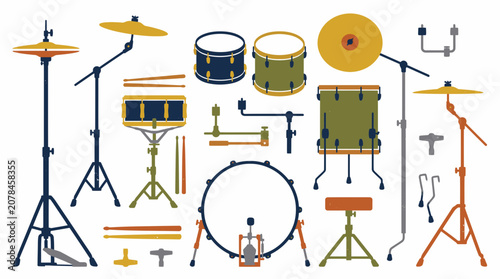 Musical drum set and percussion instrument icons collection.