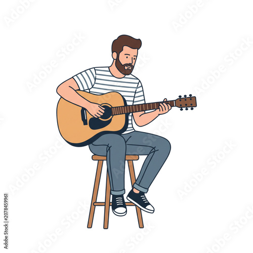 Young Man Playing Acoustic Guitar Sitting on Chair Illustration