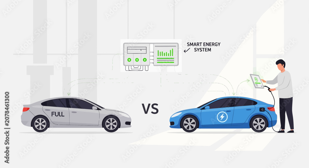 Naklejka premium Electric Car Charging vs. Traditional Fuel Car, Smart Energy System