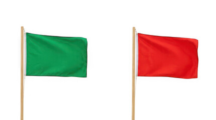 Green and red flags on wooden poles on transparent background for design.