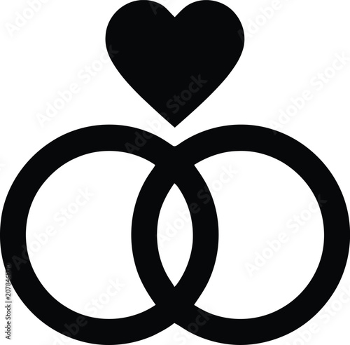 Black silhouette of two interlocking wedding rings with a heart above